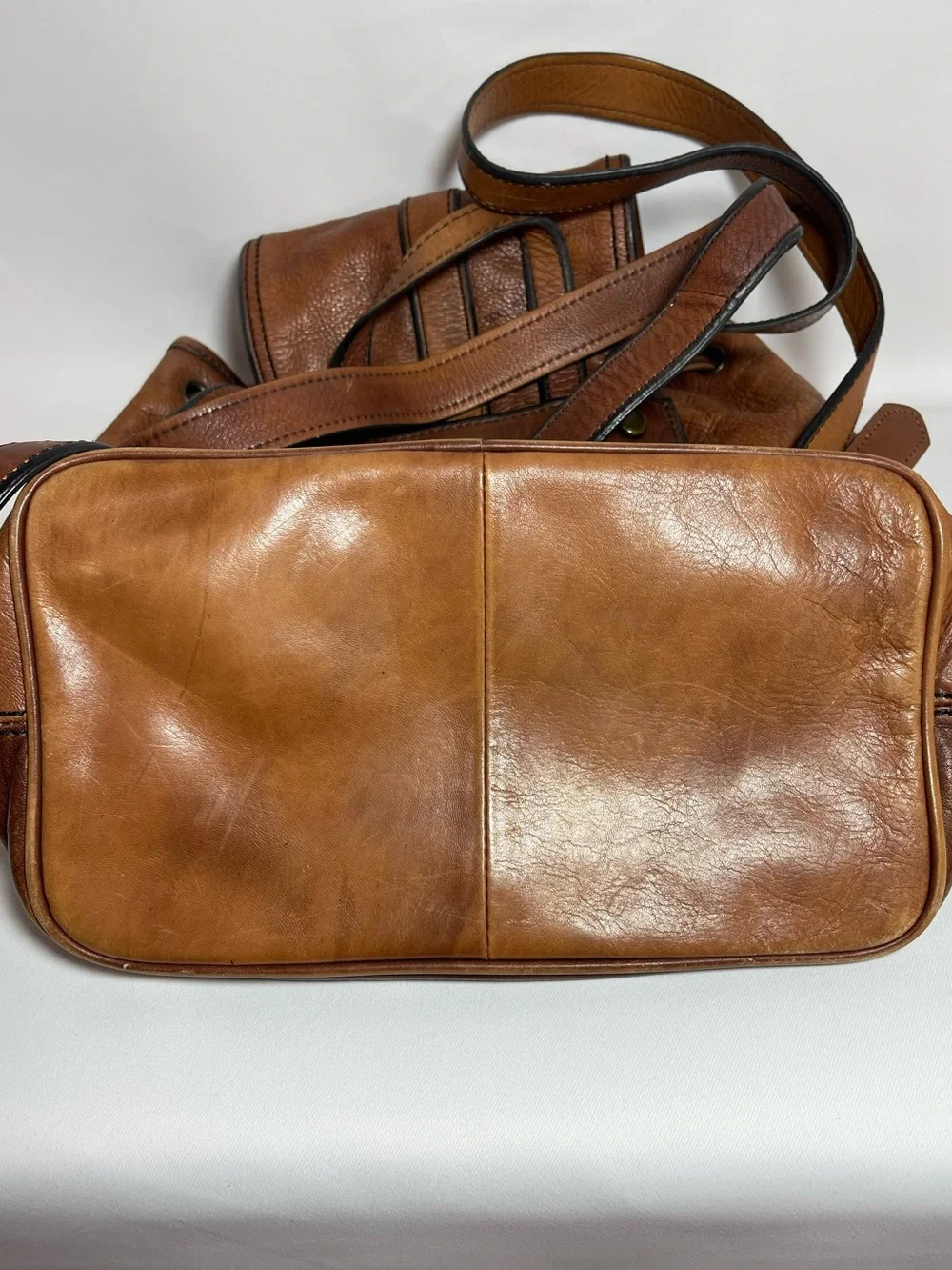 Vintage FOSSIL Cognac Brown Leather Drawstring Bucket Backpack Rucksack Bag